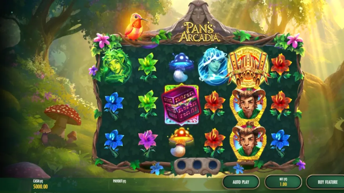 Pemandangan hutan mistis dan simbol peri dalam slot Pan’s Arcadia